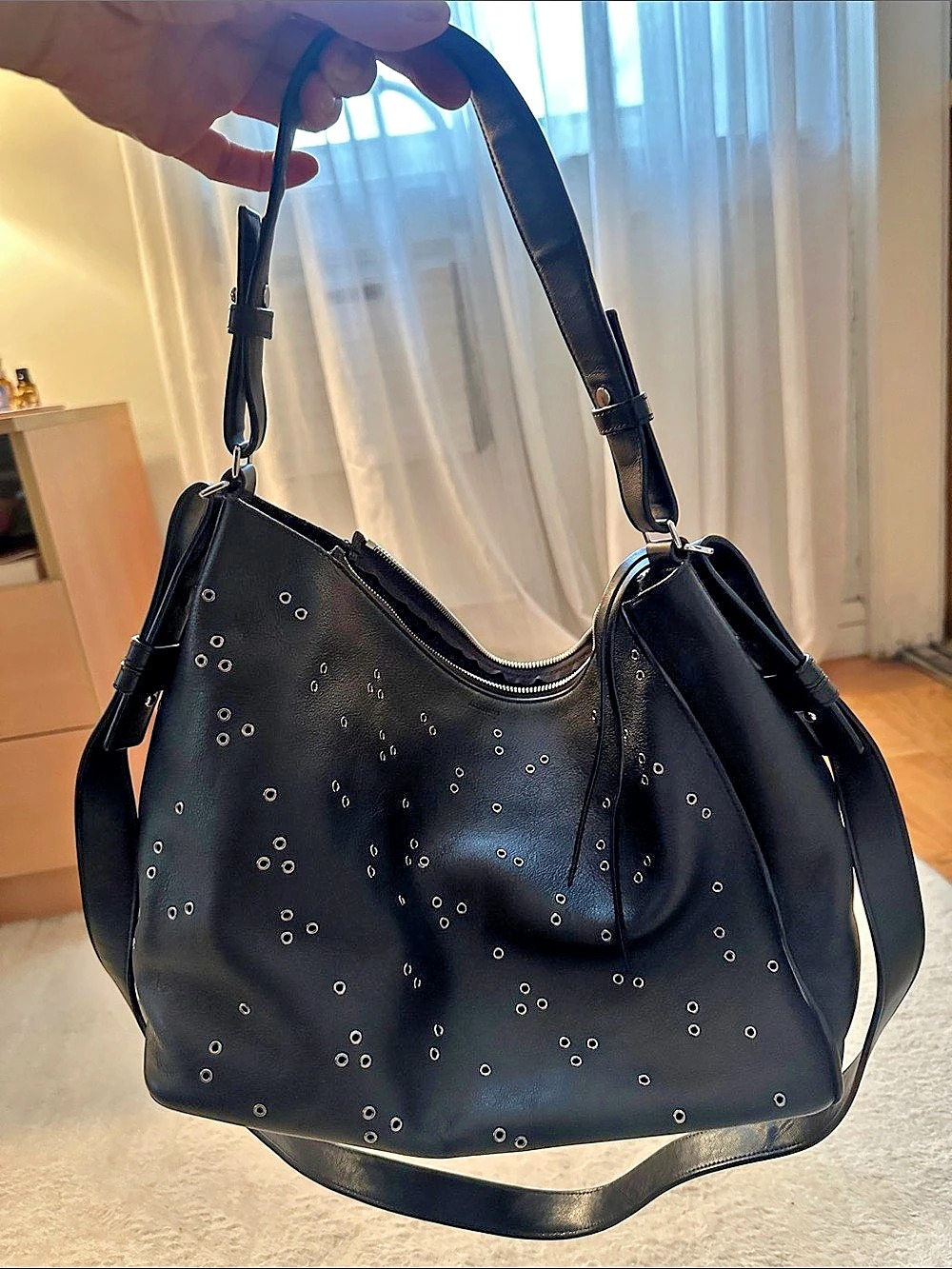 AllSaints Half Moon Leather Eyelet Crossbody Bag in Black